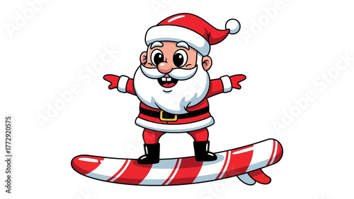 Canvas Print Santa's Surf Adventure: A cheerful illustration of a surfing character with a long white beard, red suit, and hat, gliding across the waves on a candy cane-striped surfboard