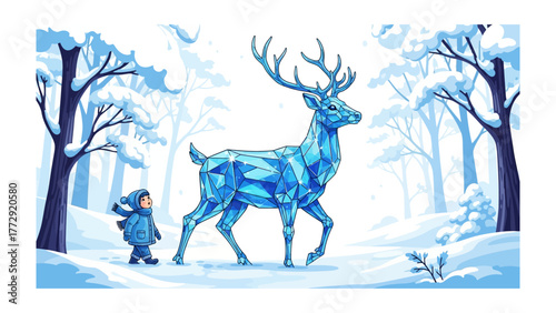 Magical Winter Trail: A child and a magnificent crystal deer embark on an enchanting journey through a snow-covered winter wonderland. This whimsical scene evokes feelings of wonder and adventure. 