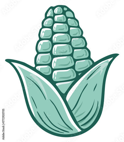 Illustration of a corn on the cob with green husk. Vector drawing of a sweet corn. Summer harvest of healthy vegetables.