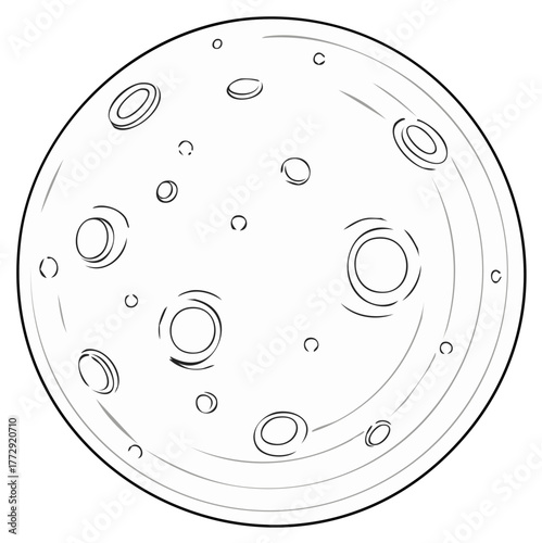 Hand drawn illustration of the full moon with craters and details in grayscale