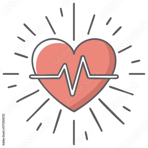 Stylized heart with heartbeat line and radial bursts health concept illustration