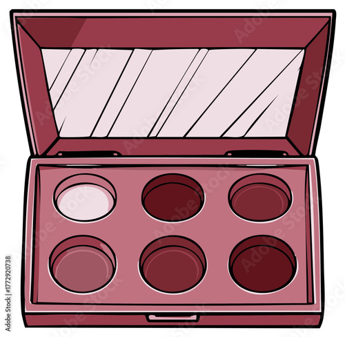Open pink makeup palette illustration showing empty compartments and a mirror inside of the lid