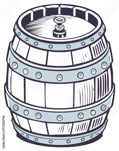Vintage Wooden Barrel Illustration, Cask with Metal Hoops, Hand Drawn Still Life. Keg, Storage Container Icon