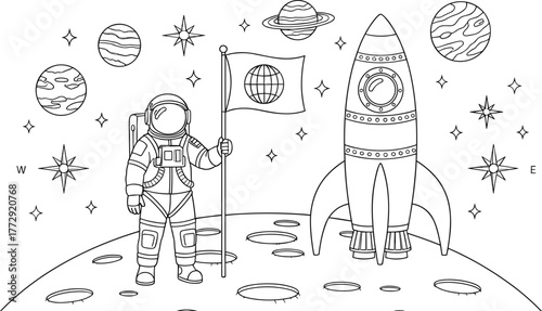 Astronaut on moon, space exploration, rocket ship, planets, stars, celestial scene, black and white, educational drawing, flag, cosmic adventure