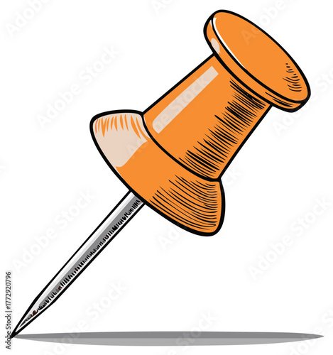 Orange Thumbtack Cartoon Style Push Pin with a Metal Point Hand Drawn Vector Illustration