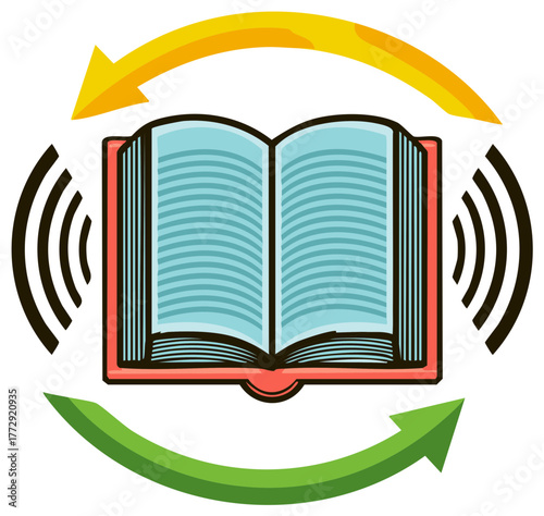 Audiobook concept illustrated with an open book, sound waves, and arrows.