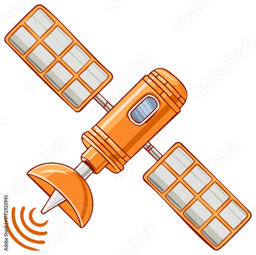 Orange space satellite with solar panels transmitting a signal cartoon illustration