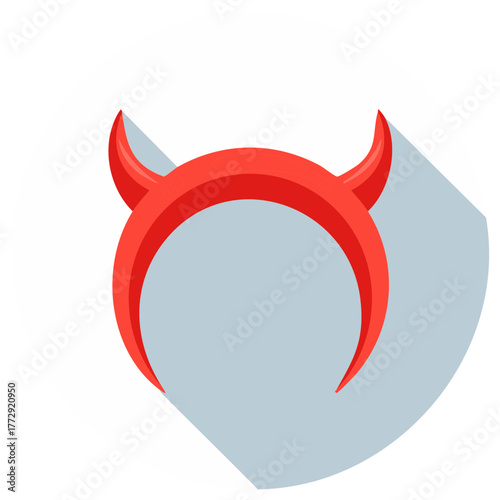 Red devil horns headband costume accessory against light blue circle, Halloween design