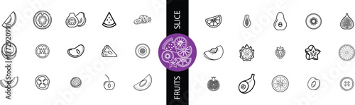 Simple black outlined fruit icons including apple, orange, banana, grape, avocado slice, kiwi slice, and more. Vector editable stroke.	