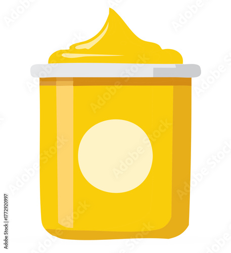 Yellow container with cream and blank label. Food, packaging, and illustration.