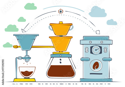 Vector illustration of a whimsical coffee factory production line with various brewing equipment