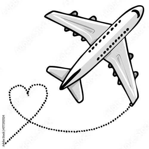 Cartoon airplane flying with a romantic heart shaped dotted line trail