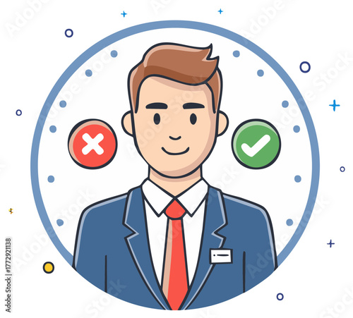Smiling Professional Man with Checkmark and X Mark Icons for Decision Making