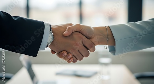Close up of a business handshake between a man in a suit and a woman in a light blue jacket
