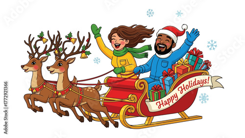 Enchanting Holiday Ride: A joyful couple embark on a magical sleigh ride led by festive reindeer, spreading holiday cheer and goodwill.