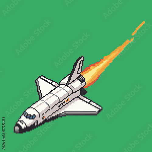 Pixel art illustration of a space shuttle launching into orbit with fiery exhaust against a solid green background.