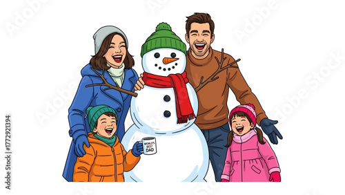 Family Snowman Celebration: A happy family poses beside a whimsical snowman, filled with laughter and warmth, creating a perfect winter scene.
