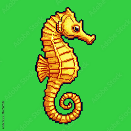 A detailed pixel art illustration of a golden seahorse with a curled tail against a vibrant green screen background.