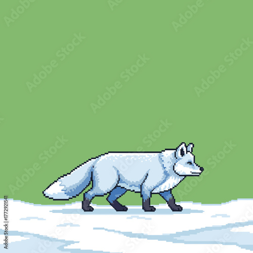 Pixel art animation of a white arctic fox walking on a snowy landscape against a plain green background.