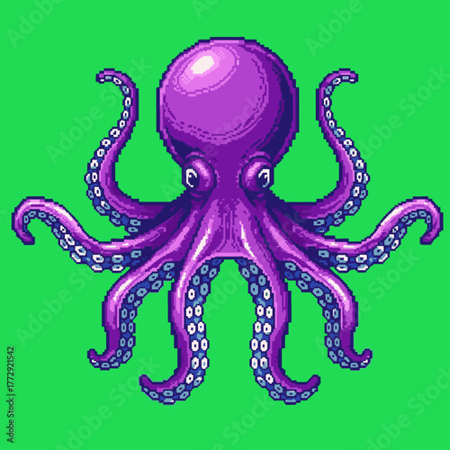 A vibrant purple octopus with eight tentacles rendered in a pixel art style against a bright green background.
