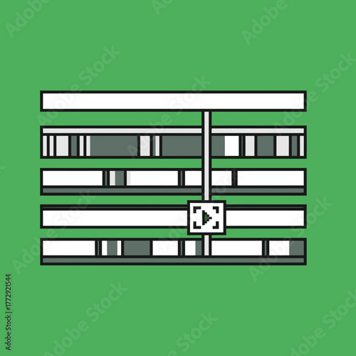 Vector illustration of a digital multimedia editing timeline with multiple tracks and a playhead icon.