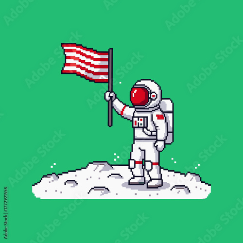 Pixel art illustration of an astronaut in a spacesuit holding a striped flag on the moon.