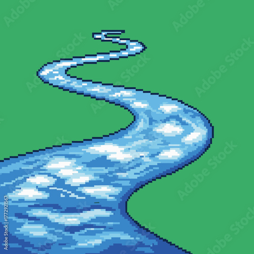 A pixel art illustration of a winding blue river with cloud reflections on a solid green background.