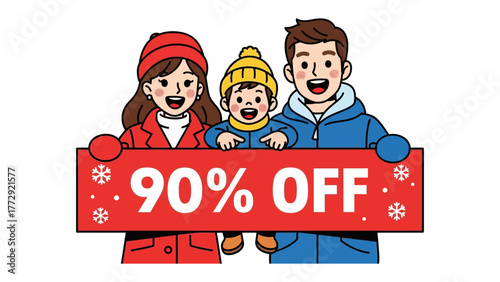 Winter Discount Delight: A cheerful family is smiling together for winter discounts, with the words 90% OFF boldly displayed on a banner. Embrace the joyful holiday mood with this heartwarming visual.