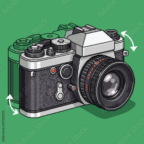 Isometric pixel art animation of a vintage analog SLR camera rotating on a solid green background.