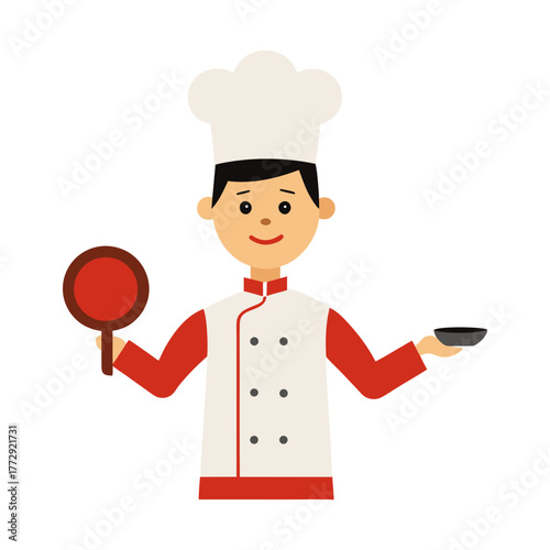 male chef holding skillet with sizzling food