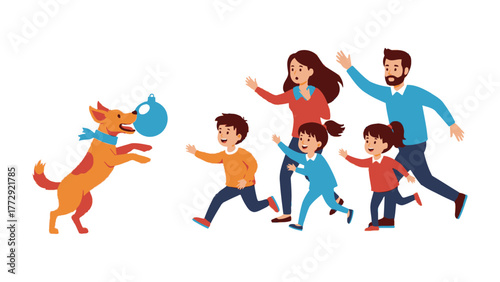 Dog's Playful Joy: A heartwarming depiction of a family and their playful dog, filled with happiness and joyful moments together.