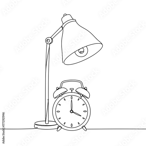 Alarm clock and table lamp, illustration of classic timepiece and standing light in minimal black line art for interior concept