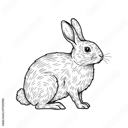 Hare detailed sketch in black line art, realistic wild rabbit sitting with attentive posture and textured fur