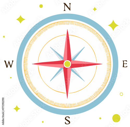 Compass rose design with directionals, navigation tool icon for location awareness