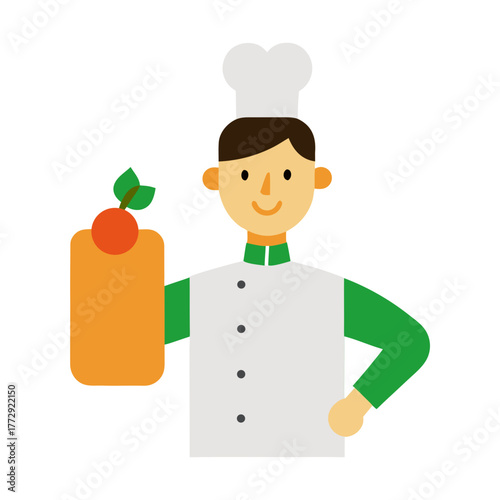 male chef holding cutting board with vegetables 