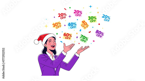 Holiday Offers: A smiling woman adorned with a holiday hat gleefully launches a colorful cascade of discount offers, encapsulating the spirit of seasonal savings.