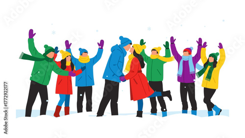 Joyful Winter Reunion: A vibrant group of friends and loved ones gather in a snowy landscape. The scene showcases celebration and affection during winter.