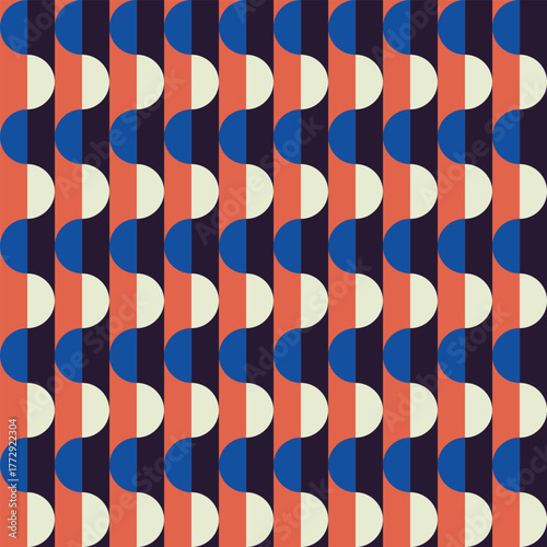 mid century, modern abstract half circles striped seamless pattern and background vector illustration