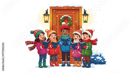 Holiday Carolers: A joyful group of children dressed warmly in winter attire, standing before a decorated doorway and singing holiday carols, a scene filled with cheer and the spirit of the season.