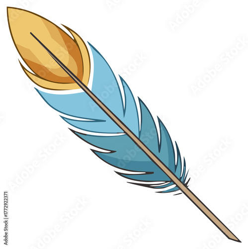 Isolated Detailed Colorful Feather Illustration: Blue and Golden Design Element for Graphic Arts Projects
