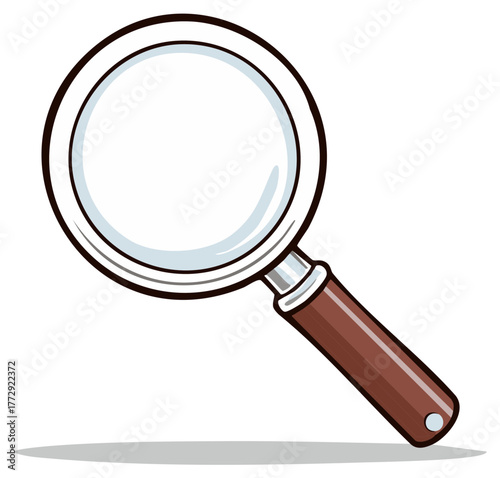 Cartoon magnifying glass with a brown handle for close examination and discovery
