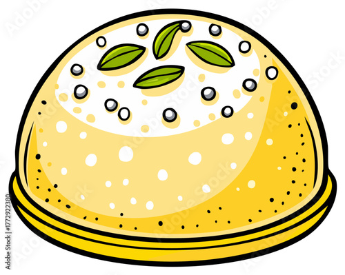 Cartoon Sweet Indian Dessert with Pistachio and Silver Balls Topping, Festive Traditional Dish