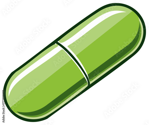 Single green capsule graphic for medicine and healthcare featuring a shiny surface.