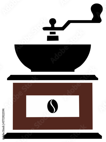 Vintage Coffee Grinder with Hand Crank and Coffee Bean on Front Design Icon