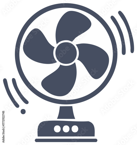 Simple dark electric desk fan icon illustrating airflow and cooling movement