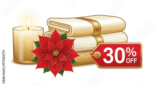 Spa Day Deal with Festive Touch: A tranquil scene unfolds, presenting a spa-day special featuring soft towels, a warm candle, and a vibrant poinsettia alongside a tempting 30% discount.