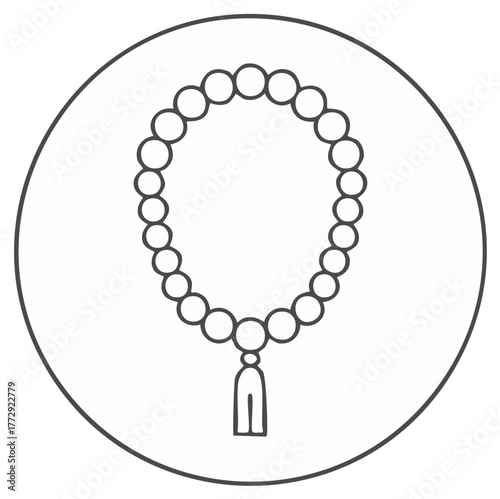 Outline icon of prayer beads with a tassel representing faith spirituality and devotion simple line art