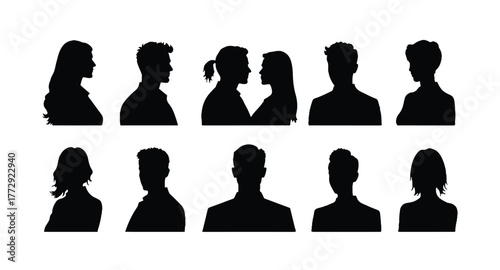 Set man and woman head icon silhouette. Male and female avatar profile sign, face silhouette logo – stock vector