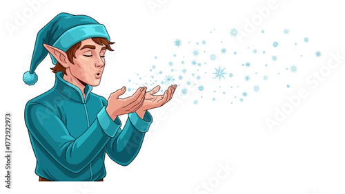 Winter Elf and Snowflakes: A whimsical winter elf with pointed ears and a charming cap exhales a flurry of magical snowflakes, evoking a sense of wonder and enchantment.
