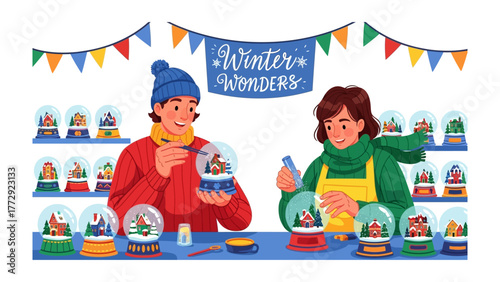 Winter Wonders Fair: Two individuals engage in the enchanting activity of crafting snow globes at a winter fair, embodying the spirit of winter wonder and festive crafting.